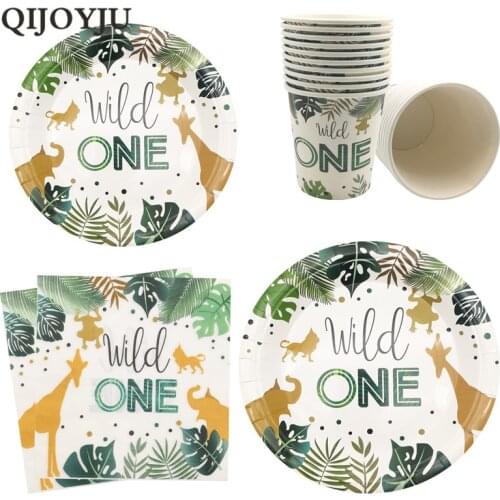 10Pcs Wild One Jungle Safari Animal Zoo Happy Birthday Paper Plates Cups Napkins Baby Shower Wild 1st Birthday Party Decorations