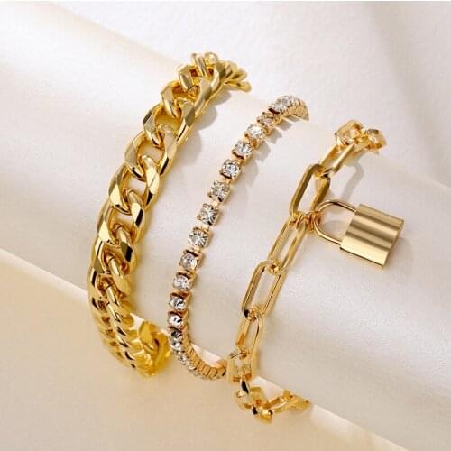 3Pc Chram Bracelet Punk Heavy Metal Crystal Lock Pendant Bracelet Set Hip Hop Rock Metal Thick Chain Bangles Bracelet Jewelry