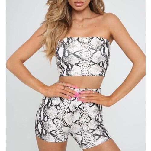 Women Sexy Two Piece Snakeskin Print Outfits Strapless Wrapped Chest Bandeau Tube Top Bodycon Shorts Tracksuit Clubwear