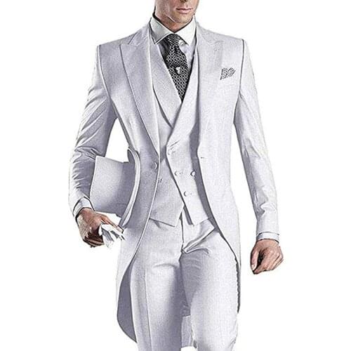 Italian Men Tailcoat Gray Black White Wedding Suits For Men Groomsmen Suits 3 Pieces Peaked Lapel Groom Wedding Dress Men Suits