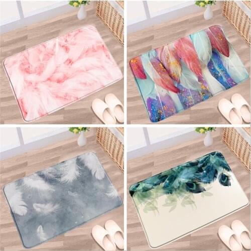 Pink Animal Feather Bathroom Mat Peacocks Texture Colorful Pattern Non-slip Rugs Bath Kitchen Doorway Aisle Entrance Carpet Pad