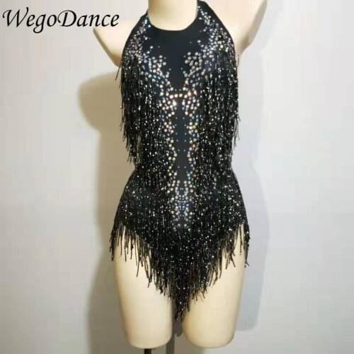 Hot Sale White Shining Fringes Rhinestones Bodysuit Dance Show One-piece Sexy Costume Women Performance Leotard freeshipping