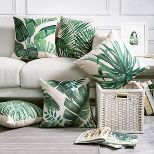 Nordic Green Tropical Leaves Printed Cushion Cover Linen Banana Palm Leaves Home Decorative Sofa Car Chair Throw Pillow Case