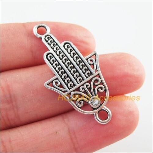 New 12Pcs Tibetan Silver Tone Retro Palm Clear Crystal Charms Connectors 20x39mm