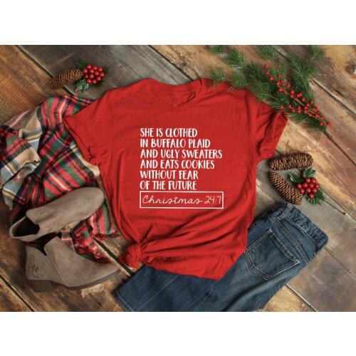 She Is Clothed In Buffalo Plaid Christmas Funny Letter Women Tshirt Cotton O Neck Top Tees Short Sleeve Casual Female Clothing