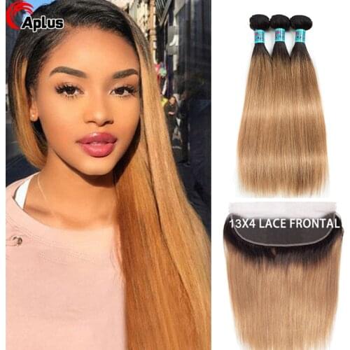 Aplus Ombre Bundles With Frontal Peruvian Straight Hair 1B 27 Two Tone Remy Hair Ombre Blonde Bundles with Lace Frontal Closure