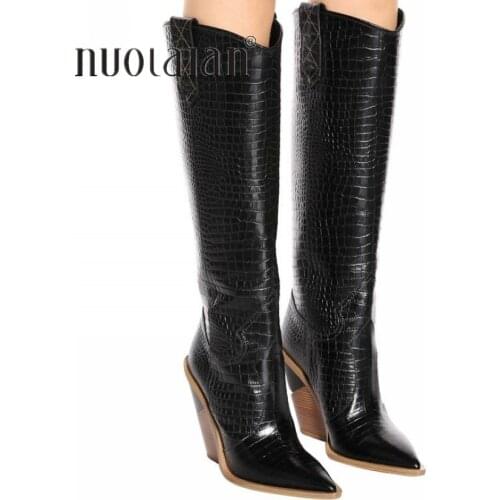 9.5CM High Heels Thigh high Boots Shoes Women Faux Fur Snow Shoe Woman Black Leather Knee High Boots Long Winter Chelsea Boots