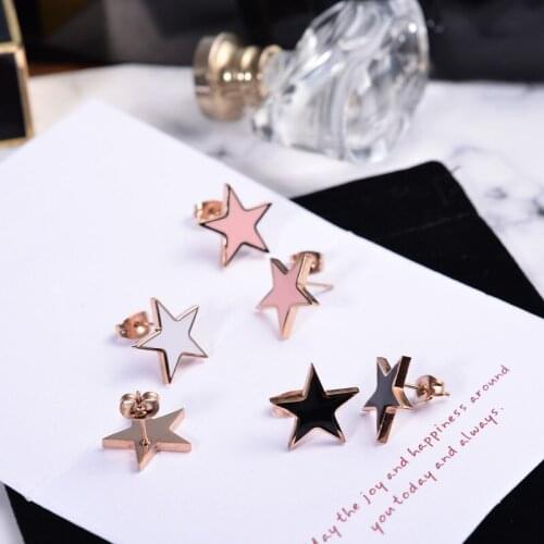 YUN RUO Soft Enamel Pink White Star Stud Earring Rose Gold Color 316L Stainless Steel Fashion Jewelry woman Gift hypoallergenic