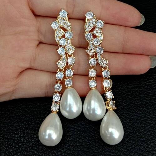 YYGEM Teardrop White Sea Sell Pearl Cubic Zirconia micro pave Yellow Gold color Plated Stud Earrings