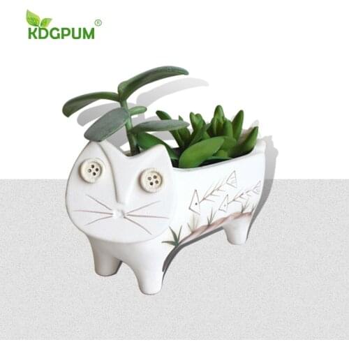 Modern Handmade Ceramic Vase Stoneware Cat Animal Flower Pot Creative Home Decoration Ornaments White Cute Cartoon Succulent Pot