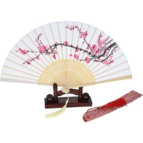 Vintage Chinese Folding Hand Held Fan Japanese Plum Blossom Tassel Silk Bamboo Wedding Party Dancing Decor Gift