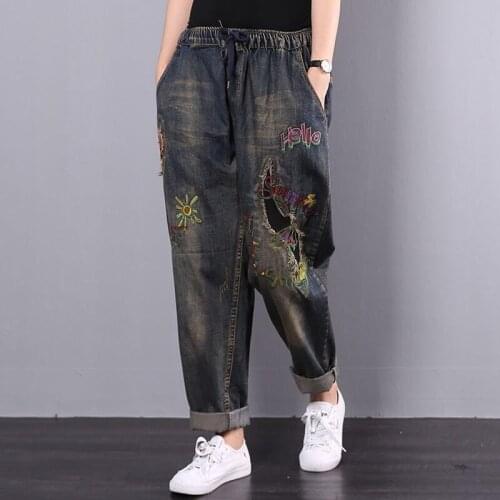 High Quality Women M-XL Retro Patch Embroidered Loose Jeans Oversize High Waist Cartoon Casual Harem Pants Cool