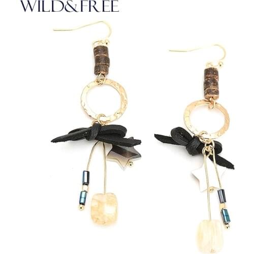 WILD & FREE Women Natural Stone Drop Earrings Gold Star Shell Round Wood Bowknot Pendant Earrings for Women Jewelry Gift