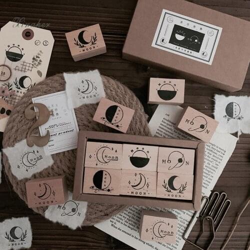 XINAHER 6pcs/set Vintage moon decoration stamp wooden rubber stamps for scrapbooking stationery DIY craft standard stamp