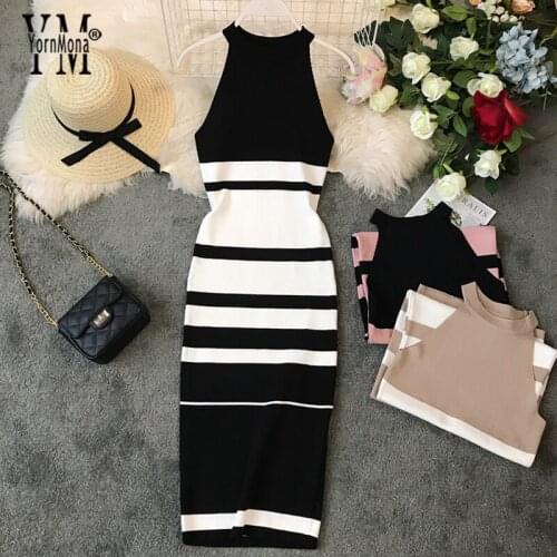YornMona New 2019 Women Summer Dress Halter Striped Sleeveless Bodycon Dress Sundress Casual Long Ladies Office Dresses Vestidos
