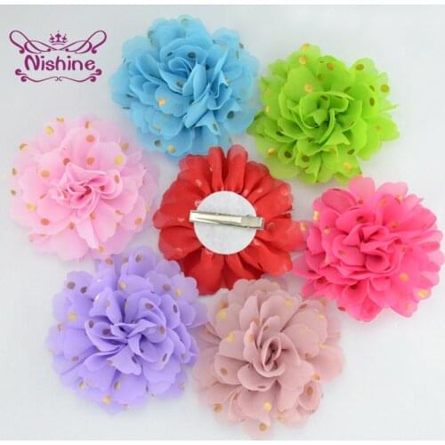 24 Colors 10 CM Handmade Chiffon Flower Hairpin with Gold Dots Bridesmaids Dress Decoration DIY Children Headwear Accessories