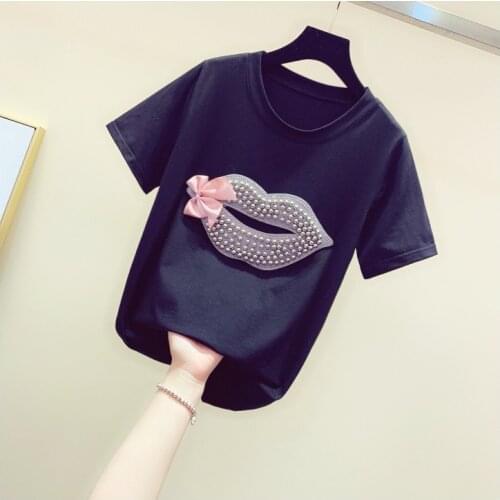 Tshirt Women Beaded Lip Bow-tie Tee Round Collar Loose Girl Lady New Shirt Tops Womens Clothing