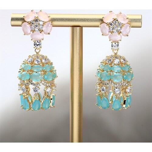 Bilincolor fashion bell shape pink flower green tassel earring for women cute design