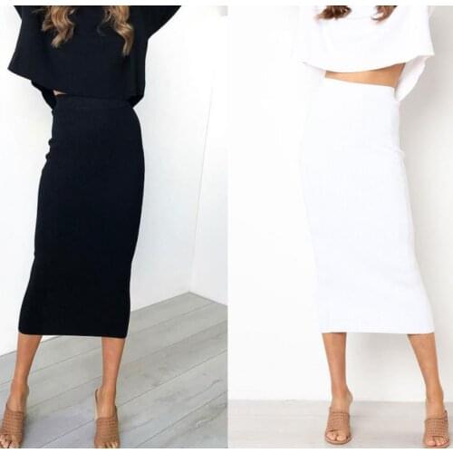 Women Knitted Bodycon Long Skirt Fashion Sexy Black White High Waist Pencil Skirts Female Elastic Skirts Club Wear Skirts