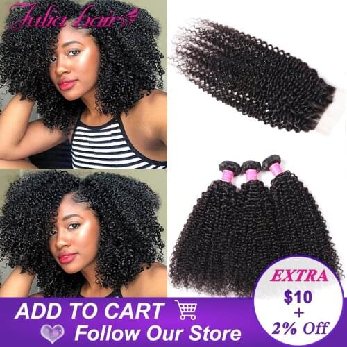 Mongolian Kinky Curly Hair Bundles with Closure Pre Plucked Julia Human Hair 4x4 Lace Closure with Hair Extensions 2/3/4 Bundles