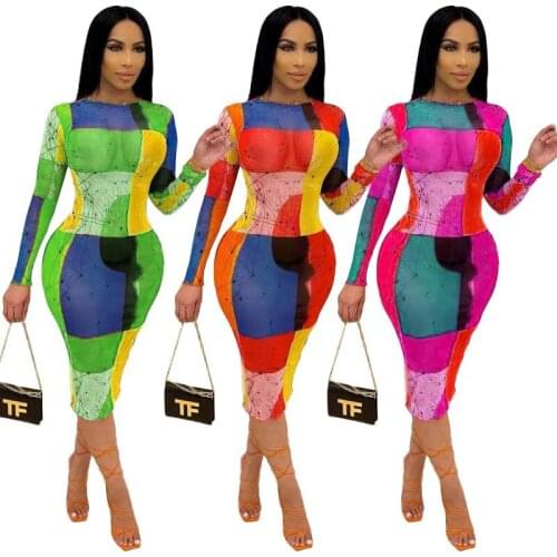 2021 Casual Color Patchowrk Long Dress Full Sleeve Skinny Colorful Streetwear Party Night Summer Clothes For Women Vestidos