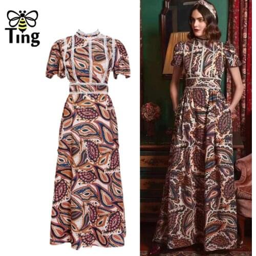 Tingfly Summer Vintage Elegant Floral Printing Maxi Long Women Dress Party Dinner Stand Collar Lace Patchwork Vestidos Robes Za