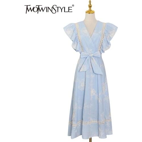 TWOTWINSTYLE Patchwork Bowknot Elegant Dress Female V Neck Sleeveless High Waist Embroidery Dresses For Women Fashion New Tide
