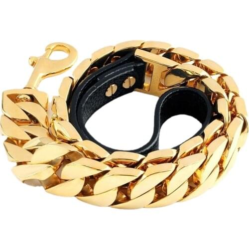 Custom Stainless Steel Welded Gold Dog Chains Dog Training Collars Snap Hook Leather Pet Dog Leash