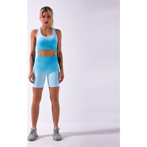 2021 New Womens Sports Fitness Seamless Tight-Fitting Shark Knitted Tie-Dye Gradient Bra Shorts Yoga Set YJ024+YJ025