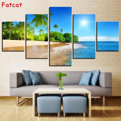 5D Diamond Painting 5 Panels Modern Art Seaside Natural Landscape Embroidery Square and Round Diamond Painting Crossstitc PP2366
