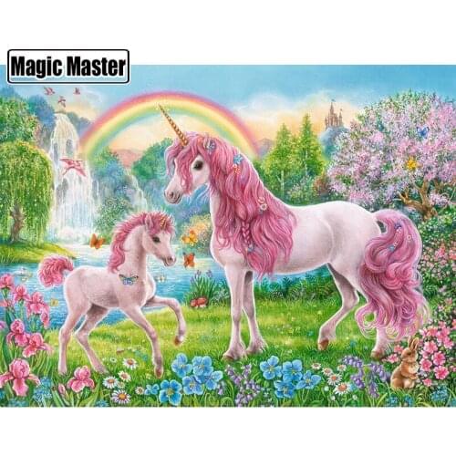 DIY 5D Diamond Painting Cross Stitch 2019 Diamond Embroidery Pink Unicorns & Rainbow Needlework Pattern Rhinestone Paintings