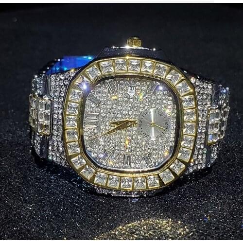 Hip Hop MISSFOX Gold Silver Men Watch 42mm Automatic Date Quartz Clock Luxury Brand Square Diamond Waterproof Choron Watches