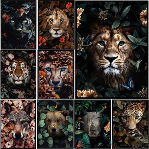 Flower Jungle Animal Lion Tiger Leopard Deer Abstract Wall Art Poster Grand Styel Canvas Painting Decoration Living Room Decor