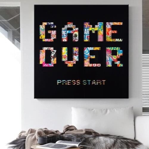 Game Over Letters Canvas Posters Prints Gamer Abstract Graffiti Art Canvas Painting Wall Pictures for Game Room Teen Room Decor