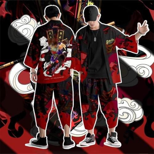 Chinese Style Anime Printing Kimono Harajuku Mens Japanese Streetwear Traditional Cardigan Yukata Male Sun Protection Clothes