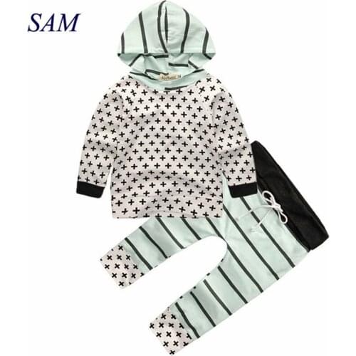 Spring and Autumn Newborn Infant Baby Boys Clothing Sets Long Sleeve T-Shirt + Pants 2 Pieces Cross Hoodies Cotton Home Clohtes