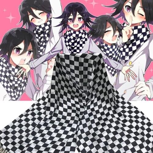 Anime Danganronpa V3 Ouma Kokichi Square Scarf Double layer silk satin crepe satin large size scarf Black and white plaid silk