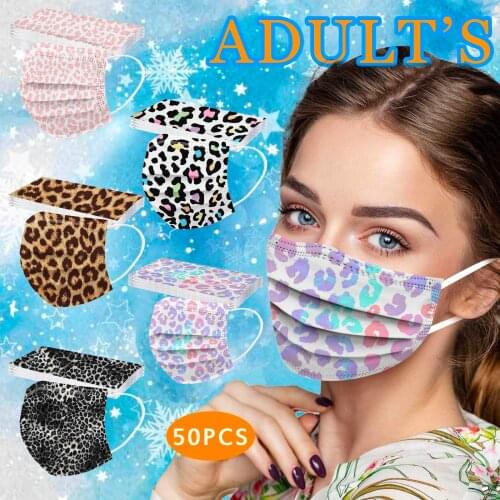 50pc Multi Colores Disposable Face Masks With Leopard Design 3-layers Protection Mouth Mask For Women Adult Halloween Cosplay