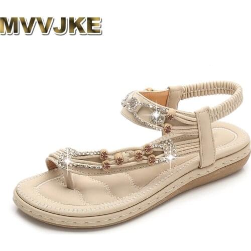 MVVJKEWomen Sandals Summer Flat Shoes Bling Crystal Flat Heel Bohemia Sandals Round Toe Comfortable Flat Shoe