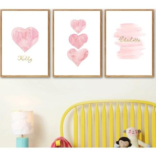 Pink Heart Wall Art Poster Nordic Custom Name Canvas Painting Nursery Prints Minimalist Wall Pictures Girl Baby Kids Room Decor