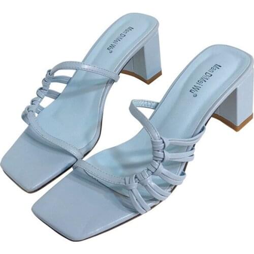 New Arrival Womens High Heels for 2021 Summer Solid Knit Females Block Heel Shoes Square Toe Stylish Ladys Outside Sandals