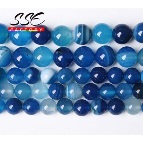 Wholesale Natural Blue Stripes Agates Onyx Round Loose Beads 4 6 8 10 12 MM 15" Strand For Jewelry Making DIY Bracelet Necklace