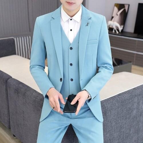 2021 Fall Winter Men Solid Color Suit Youth New Trendy Slim-Fitting Cool Handsome Suit Three-Piece Suit