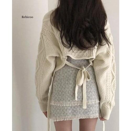 Autumn Korean Style Loose Sweater Women Long Sleeve Back Bow Tie Warm Sexy V-neck Casual Winter Knitting Elegant Knitwear