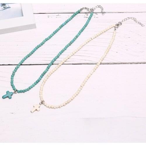 1Pc Natural Turquoises Stone Chokers Necklaces For Women Charm Light Blue&White Pendant Necklace Prayer Cross Necklace