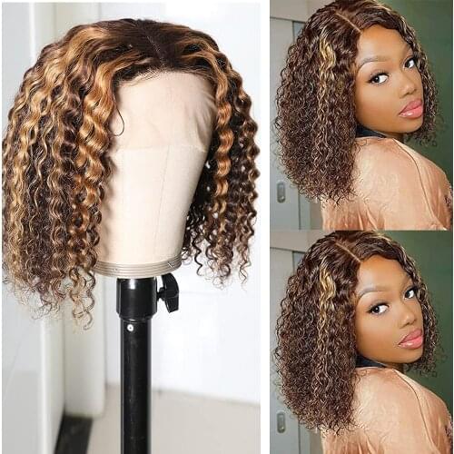 Curly Bob Wig Highlight Water Wave Human Hair Wigs Ombre Brown T Part Lace Front Wigs For Black Women Middle Part Bob Wigs