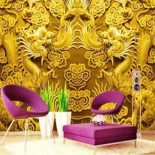Custom Photo 3d Wallpaper Woodcarving Chinese Golden Dragon TV Background Wall Decoration Mural Wallpaper
