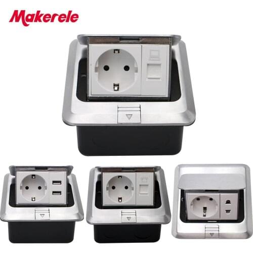EU Standard Floor Socket square shape Pop Up Outlet Box with rj45 net/phone/USB connector aluminium alloy panel Makerele