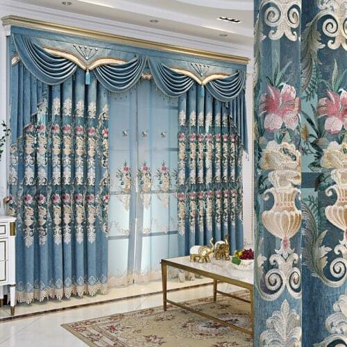 Blue embroidered curtains European style light luxury high-end embossed for living room bedroom shading villa curtains custom