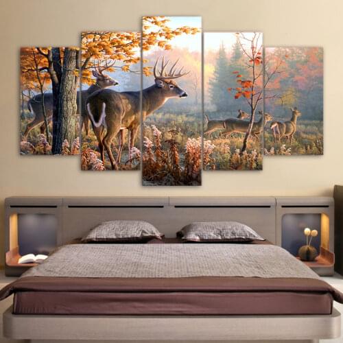 Modern Wall HD Printed Canvas Painting Art Modular Poster Frame 5 Panel Forest Deer Landscape Home Decor Living Room Pictures
